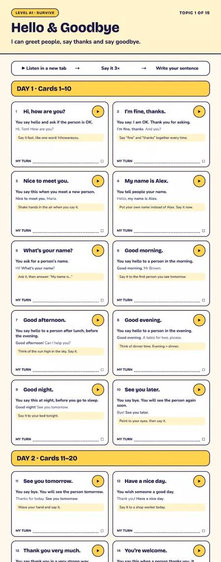 Speaking cards: phrase, audio, meaning, “my turn”